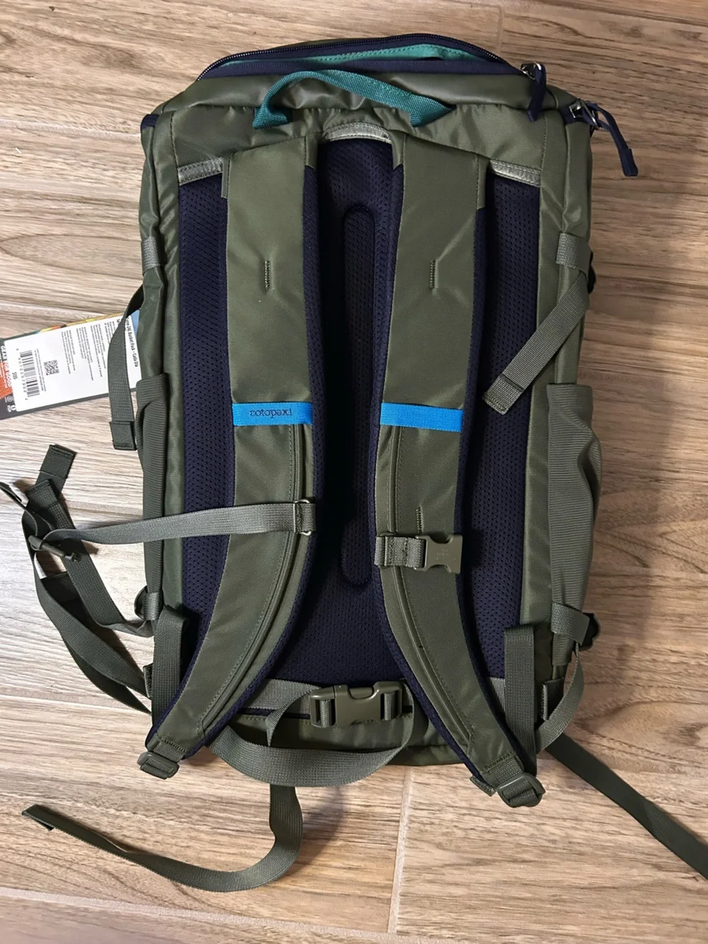 cotopaxi Olive Green Backpack with Blue and Teal Accents